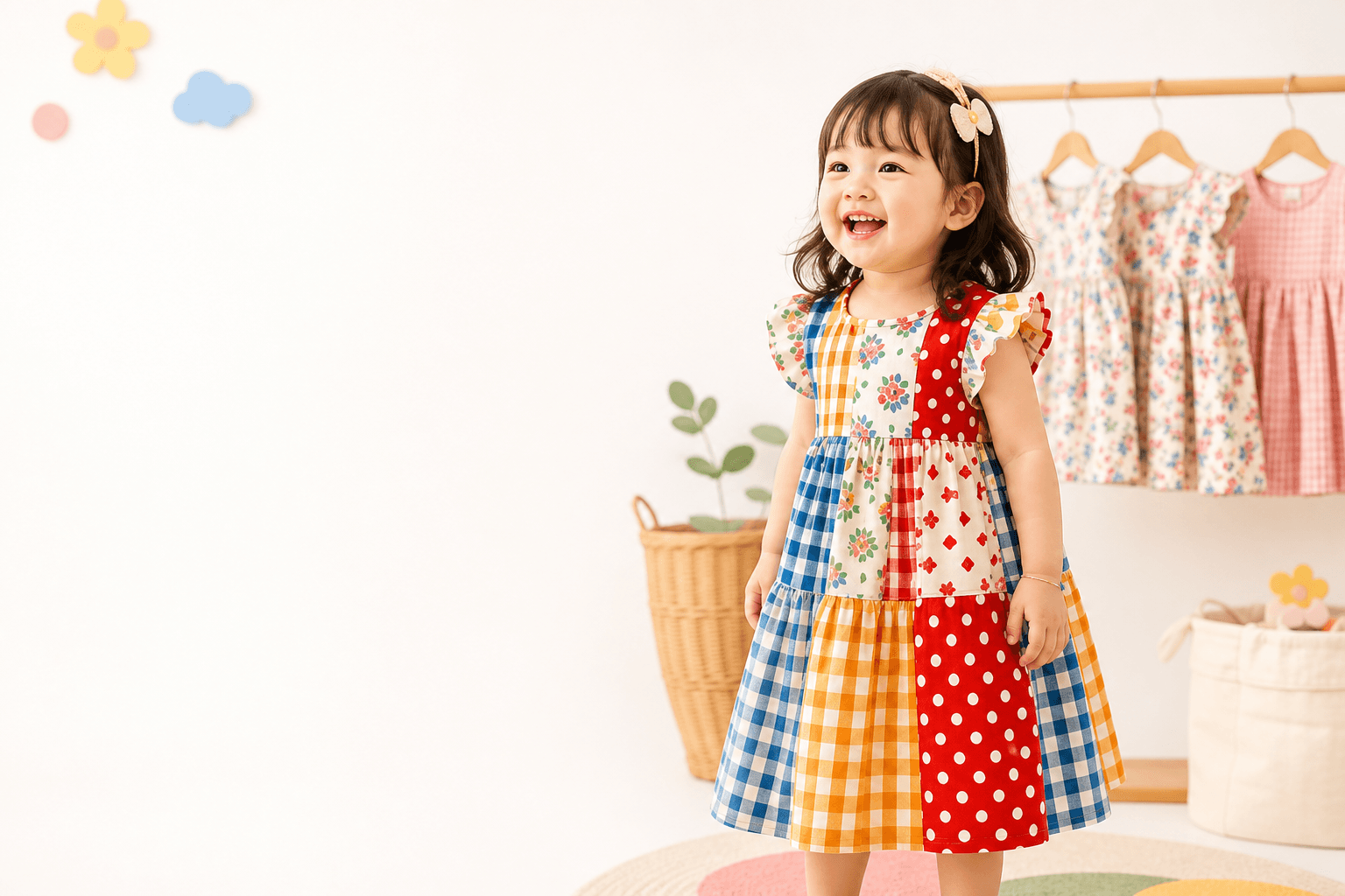 Smiling child wearing colorful handmade clothes